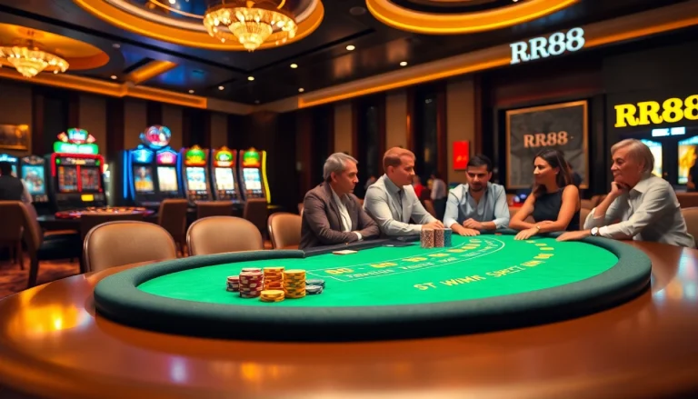 Experience the thrill of RR88 with an elegant casino scene featuring poker and roulette.