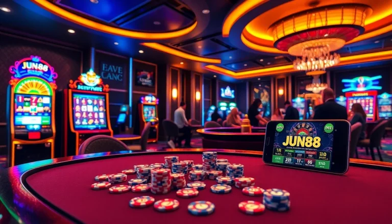 Experience the thrill of jun88 with players at a luxury casino table under warm lighting.
