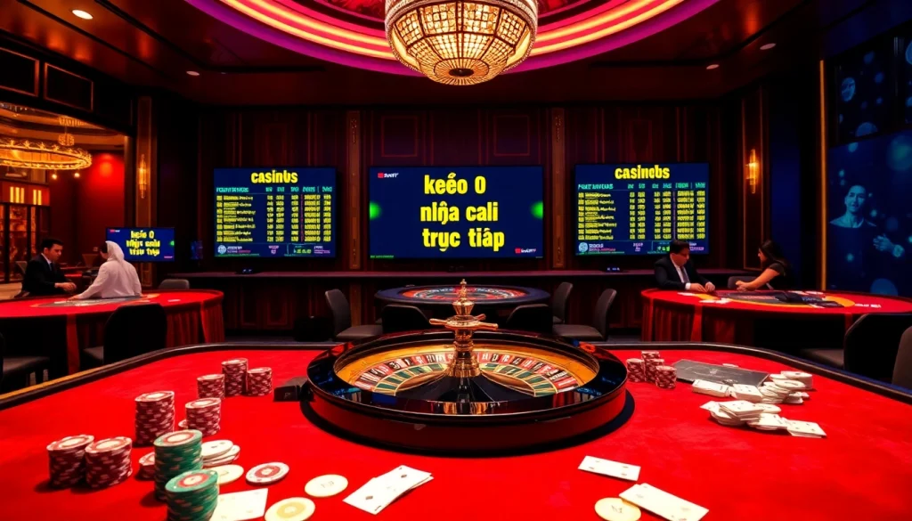 Experience kèo nhà cái trực tiếp with an exciting live betting scene featuring poker chips and roulette wheel.