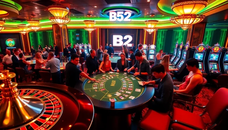 Exciting gameplay at B52 Club casino with vibrant poker tables and roulette wheels.
