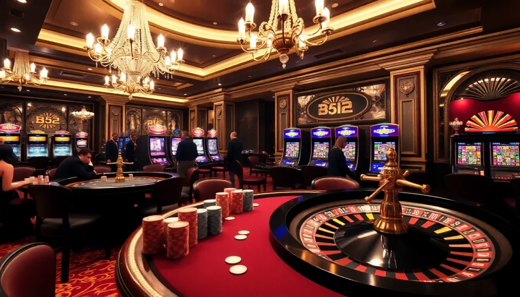 B52 Club poker players strategizing with colorful chips at an elegant casino table.