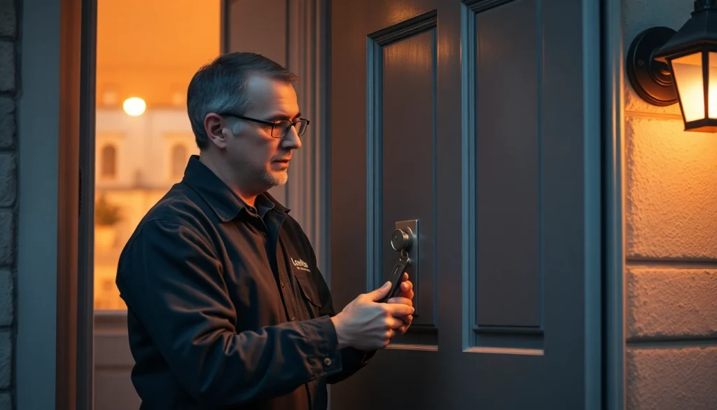 Schlüsseldienst Mannheim: Professioneller Schlüsseldienstmitarbeiter hilft einem Kunden vor einer Wohnhaustür und demonstriert den Notdienst.