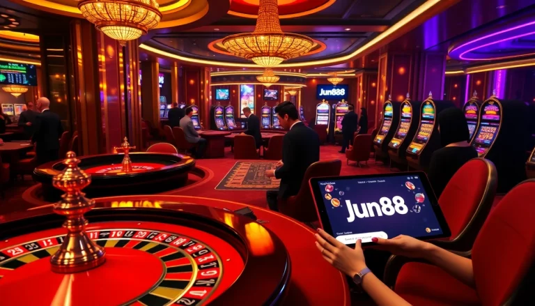 Players immerse in thrilling games at https://jun88.pizza/, showcasing an exciting casino atmosphere.