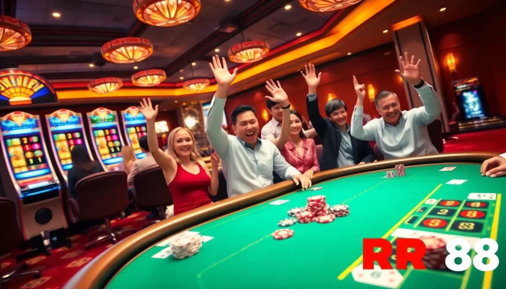 Players experiencing the thrill of gambling at RR88 casino, with poker chips and cards visible.