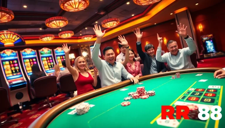 Players experiencing the thrill of gambling at RR88 casino, with poker chips and cards visible.