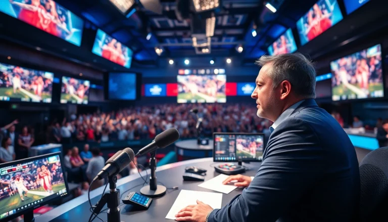 Engaging scene of sports broadcasting with screens showcasing live events.