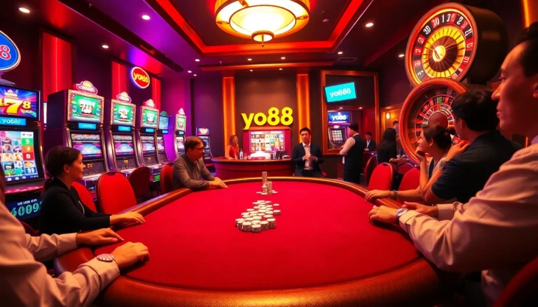 Players engaging in a high-stakes poker game, experiencing the thrill of yo88 gaming.