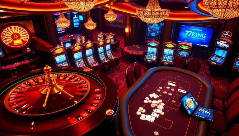 Engaging players at 79KING Casino with roulette, slot machines, and poker tables.