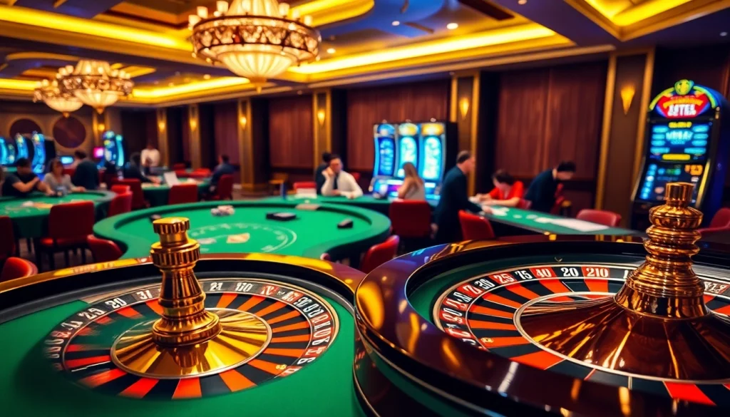 Experience thrilling gambling moments with da88 at a luxurious casino filled with roulette, poker, and vibrant slot machines.