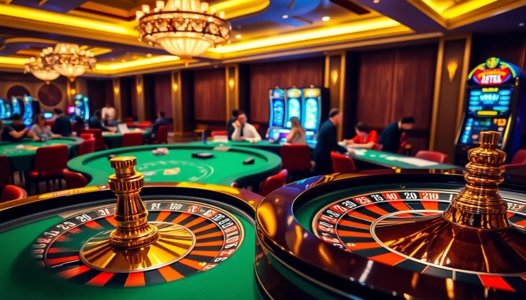 Experience thrilling gambling moments with da88 at a luxurious casino filled with roulette, poker, and vibrant slot machines.