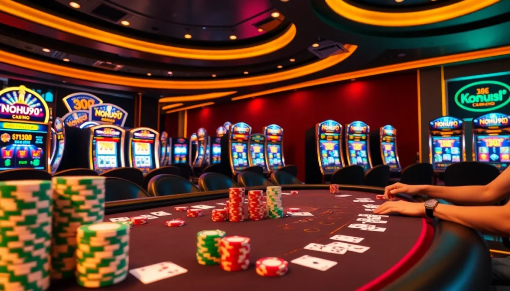 Players celebrating winnings at a blackjack table in an engaging NOHU90 casino scene.