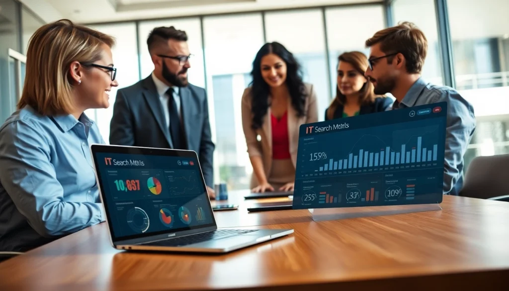 Headhunter IT im Gespräch mit IT-Profis in modernem Büro, professionelle Atmosphäre.