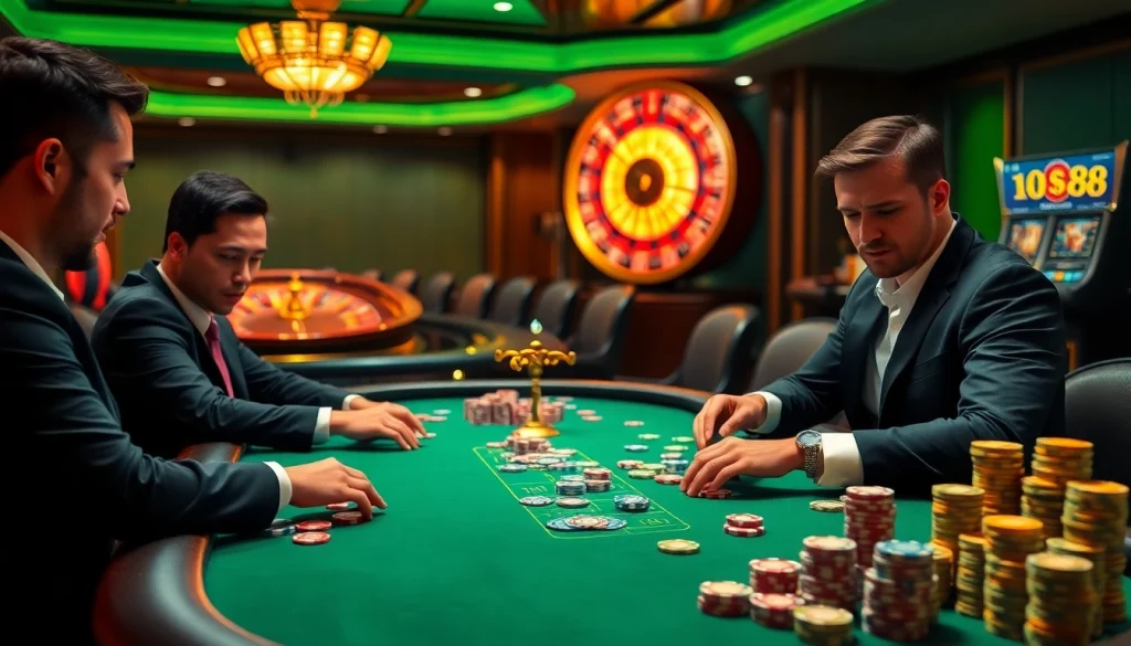 Exciting poker action at a luxurious casino with 88i branding, showcasing professional players and vibrant chips.