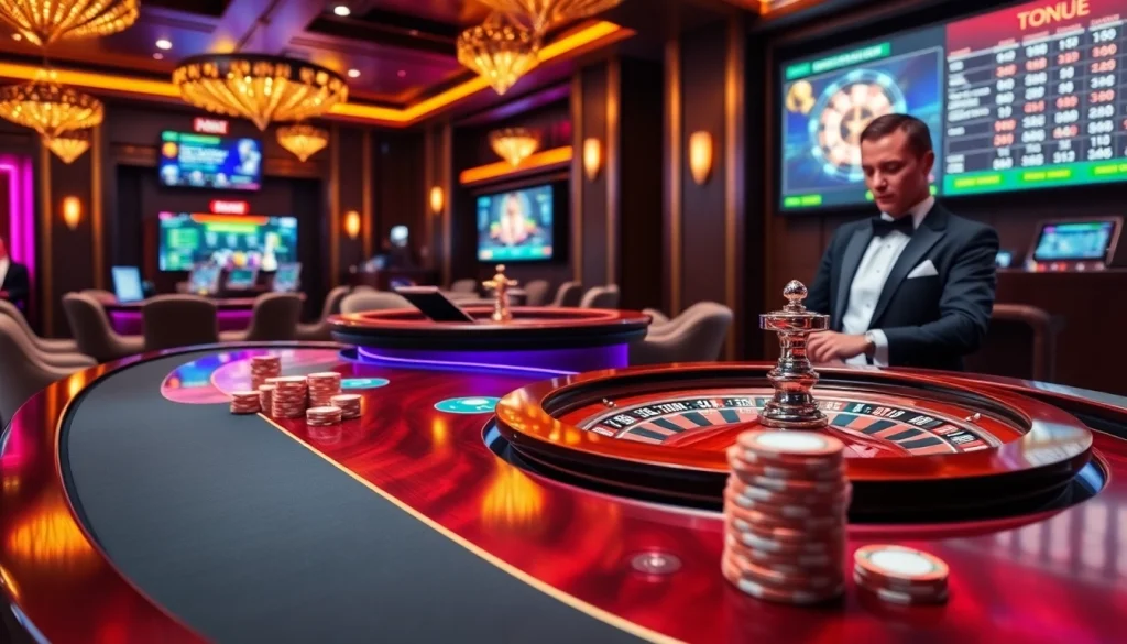 BJ388 players enjoying an elegant poker game with high-stakes chips and a spinning roulette wheel.