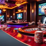 BJ388 players enjoying an elegant poker game with high-stakes chips and a spinning roulette wheel.