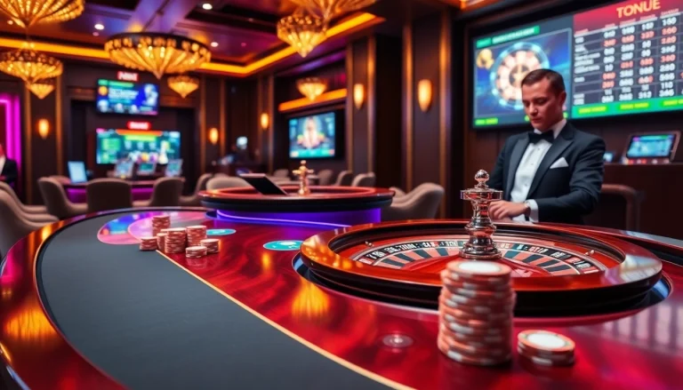 BJ388 players enjoying an elegant poker game with high-stakes chips and a spinning roulette wheel.