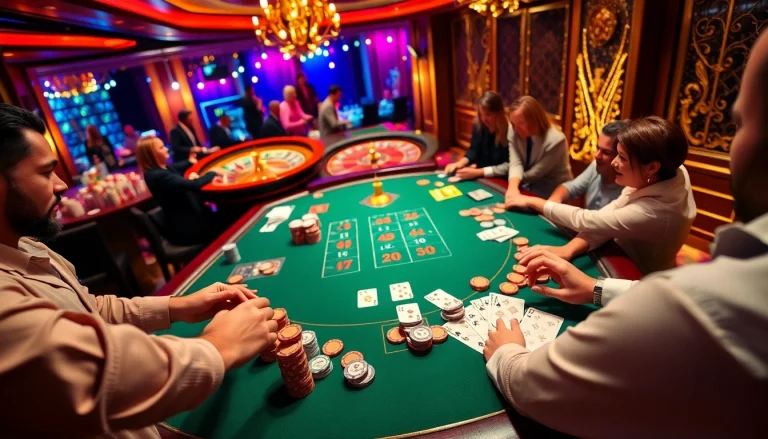 Experience the thrill of gambling at https://j88.gives/ with a vibrant poker game scene full of excitement.