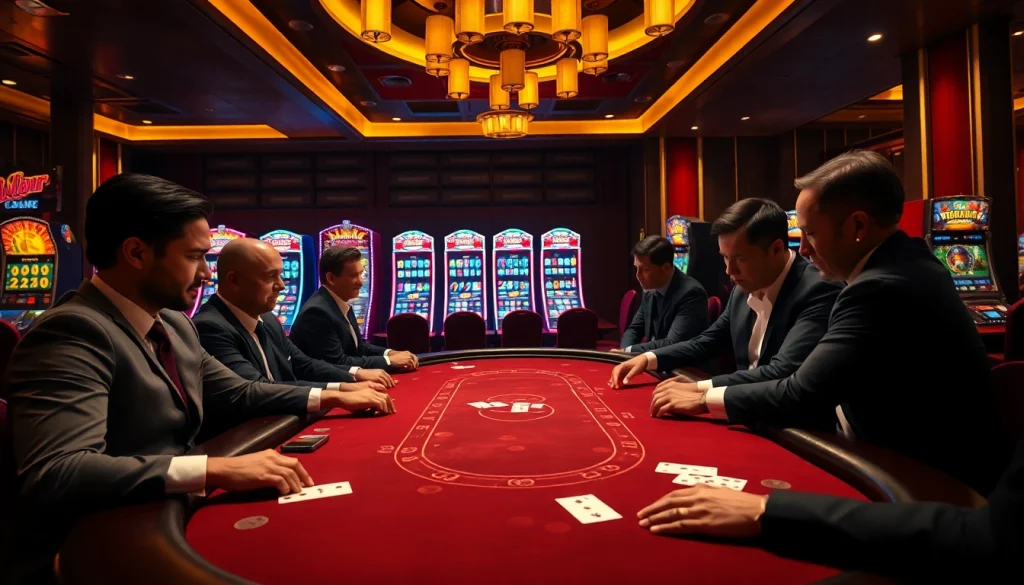 X88 players enjoy high-stakes gambling at an elegant blackjack table with vibrant slot machines.