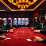 X88 players enjoy high-stakes gambling at an elegant blackjack table with vibrant slot machines.