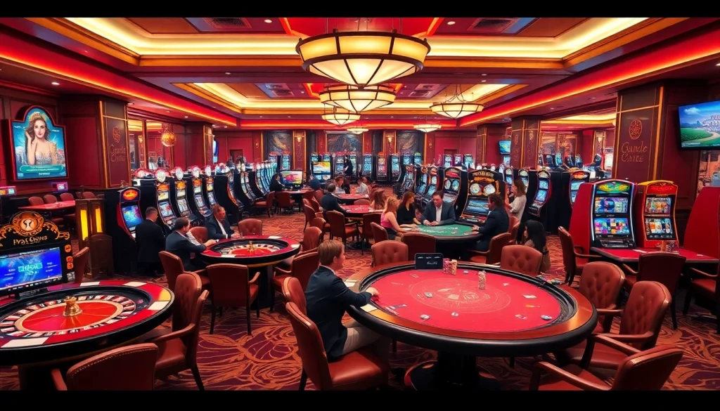 A vibrant casino scene at https://s8net.com/ showcasing engaging players at tables with chips and cards.