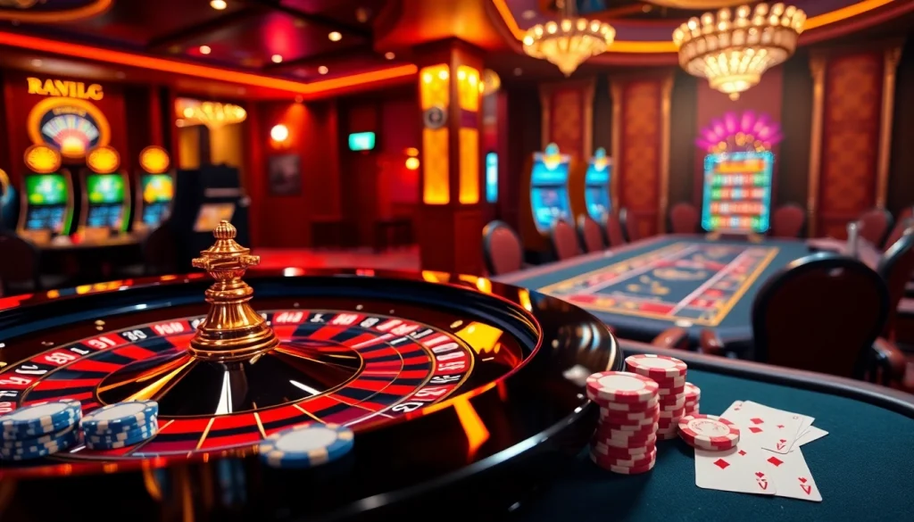 Experience the thrill of PG88 in an elegant casino environment with roulette and poker elements.