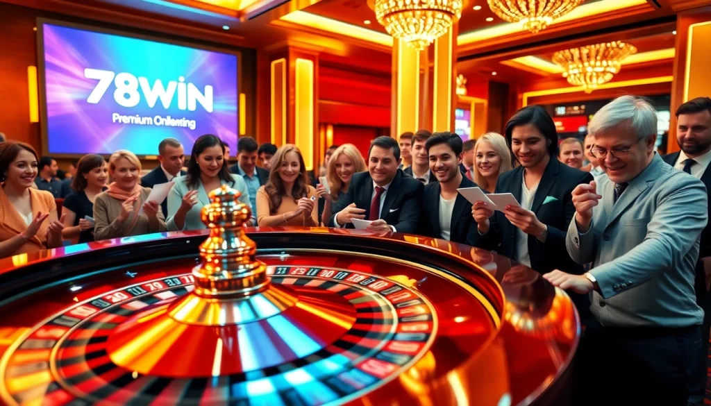 Engaging players at the roulette table with 78WIN branding, showcasing thrilling casino action.