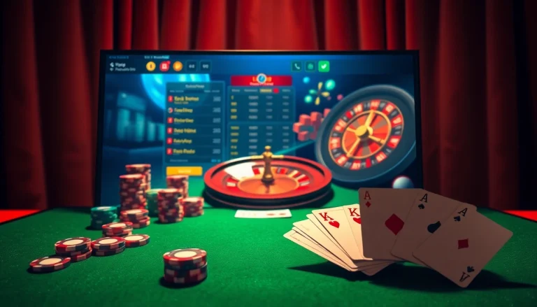 Cổng game 789club showcases a vibrant casino scene with poker chips, roulette wheel, and playing cards.