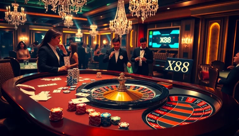 Players enjoying an intense game at a luxury casino table showcasing XX88 chips.