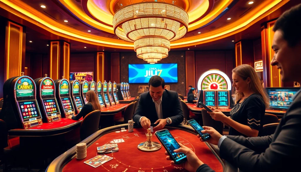 Players enjoying thrilling JILI7 games at a luxurious casino table, surrounded by vibrant slot machines.