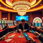 Players enjoying thrilling JILI7 games at a luxurious casino table, surrounded by vibrant slot machines.