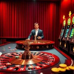 Experience the thrill of King88 with a luxurious casino scene highlighting roulette, poker, and slot machines.