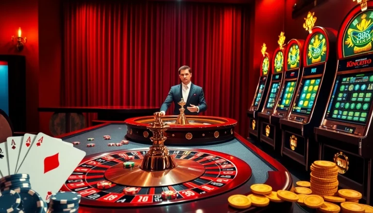 Experience the thrill of King88 with a luxurious casino scene highlighting roulette, poker, and slot machines.