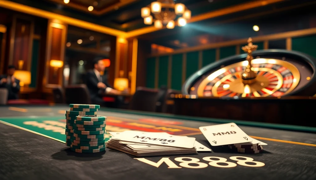MM88 players enjoying an exciting round of poker at a high-end casino table.