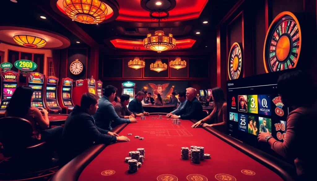 Players enjoy the exciting game 98win at a vibrant casino with poker tables and slot machines.