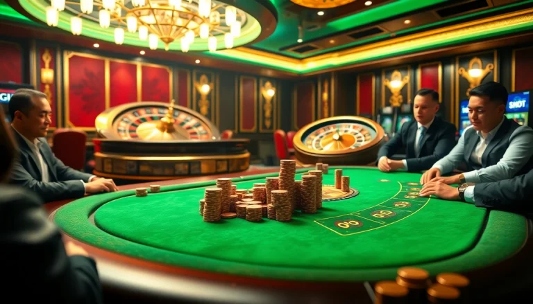 Người chơi lên chiến lược tại bàn poker sang trọng của LUCK8, thể hiện các cược với quy mô lớn và sự hứng khởi từ casino.