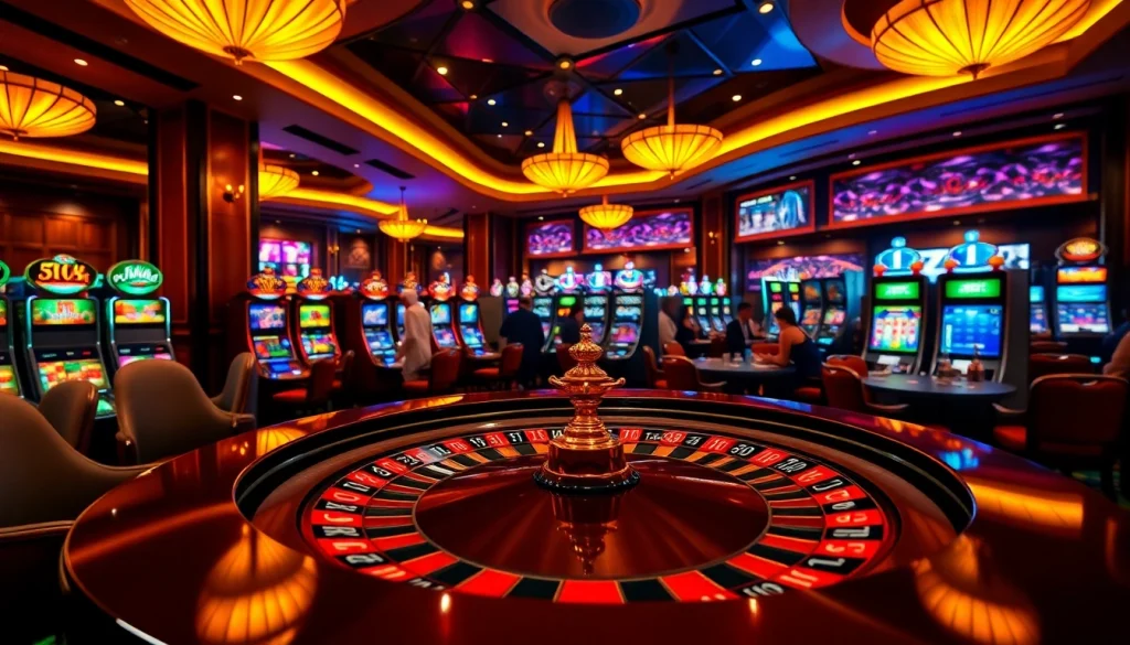 Experience the thrill of 28 bet at a luxurious casino with roulette tables and vibrant slot machines.