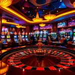 Experience the thrill of 28 bet at a luxurious casino with roulette tables and vibrant slot machines.