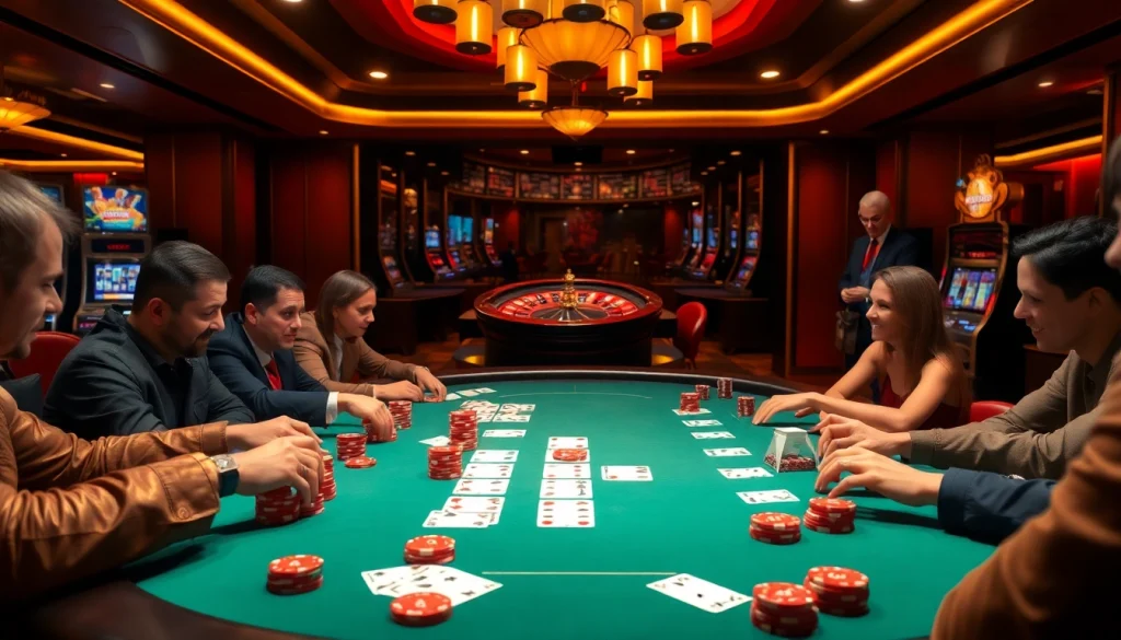 A vibrant casino scene showcasing players at a poker table amidst a luxurious atmosphere, capturing the essence of ku win.