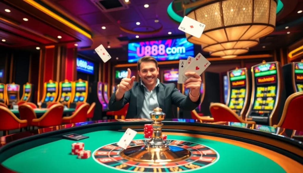 Experience the excitement of u888 com with vibrant casino visuals featuring roulette tables and poker games.