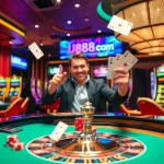 Experience the excitement of u888 com with vibrant casino visuals featuring roulette tables and poker games.