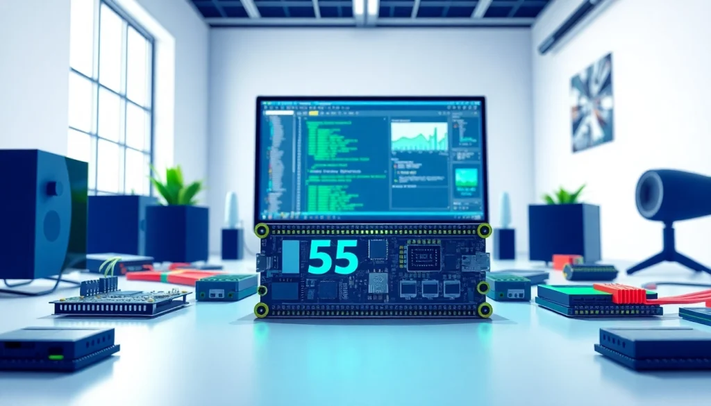 M5Stack Entwicklungsumgebung mit verschiedenen entwickelten Modulen und Zubehör auf einem modernen Schreibtisch.