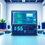 M5Stack Entwicklungsumgebung mit verschiedenen entwickelten Modulen und Zubehör auf einem modernen Schreibtisch.