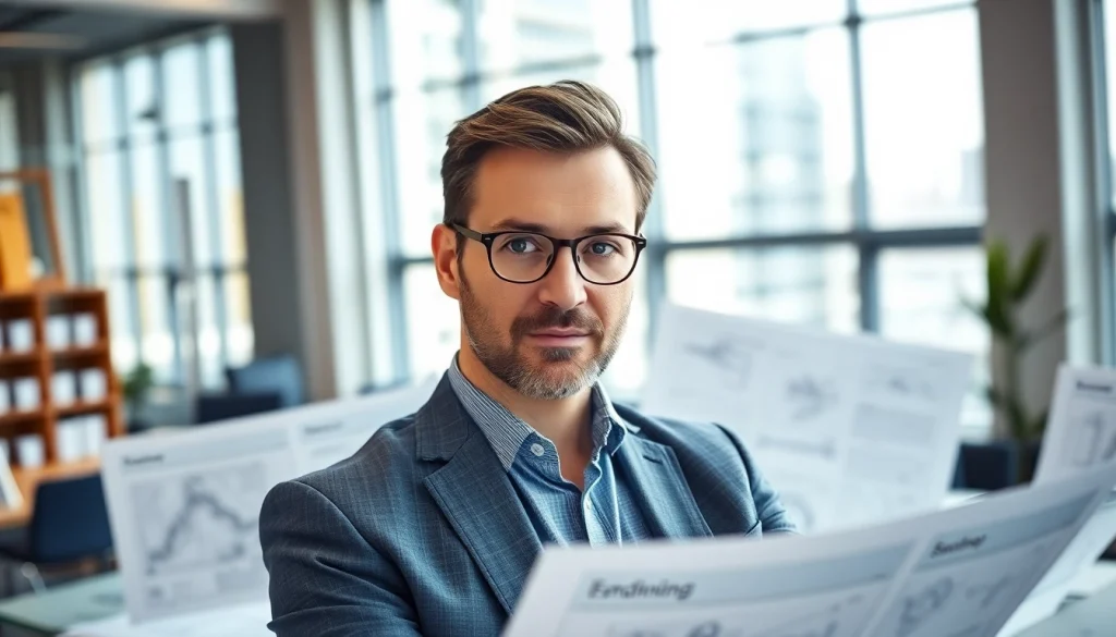 Headhunter Ingenieure in einem modernen Büro, umgeben von technischen Dokumenten und Blaupausen.