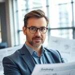 Headhunter Ingenieure in einem modernen Büro, umgeben von technischen Dokumenten und Blaupausen.