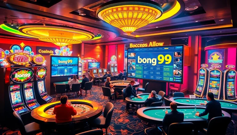 Bong99 online betting interface surrounded by colorful casino elements for an exciting gambling experience.