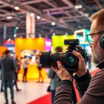 Messefotograf München bei einer lebhaften Ausstellung, die Interaktionen zwischen Ausstellern festhaltend.