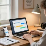 Person engaging in sexting AI conversation in a cozy home office, showcasing modern tech and personal connection.