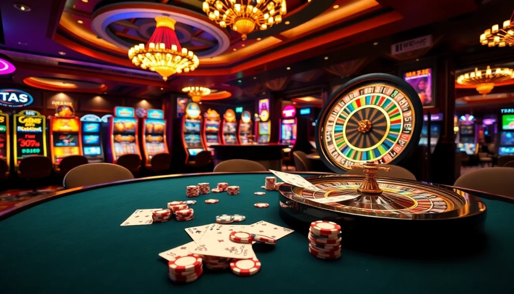 topclub players enjoying an exciting game at a vibrant casino floor with poker and slot machines.