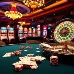 topclub players enjoying an exciting game at a vibrant casino floor with poker and slot machines.
