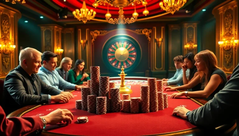 Experience the thrill of HM88 with players enjoying a lively poker game at an opulent casino table.
